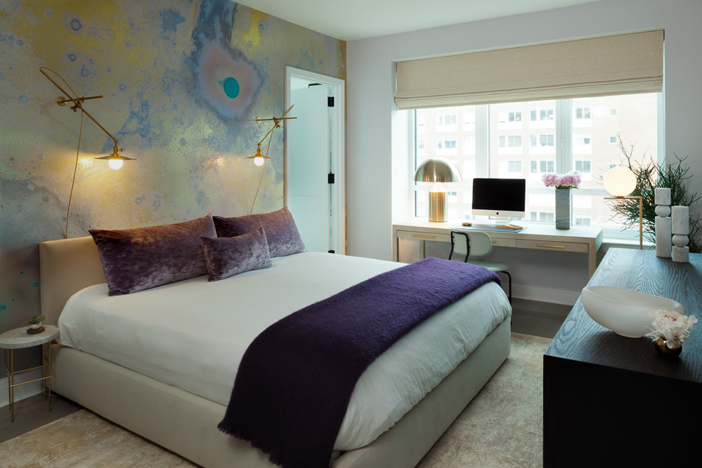 Photo of a medium sized contemporary master bedroom in New York with purple walls, light hardwood flooring and beige floors.