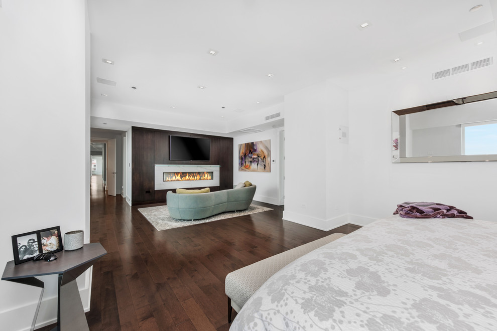 Large contemporary master bedroom in Chicago with white walls, medium hardwood flooring, a standard fireplace and a stone fireplace surround.