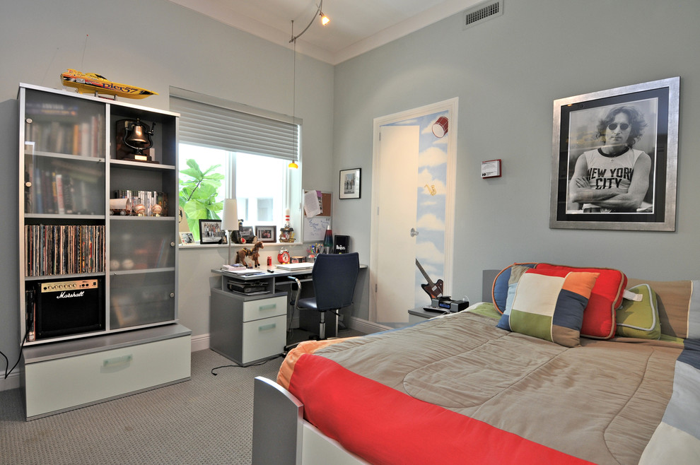 Idées déco pour une chambre avec moquette contemporaine de taille moyenne avec un mur gris.