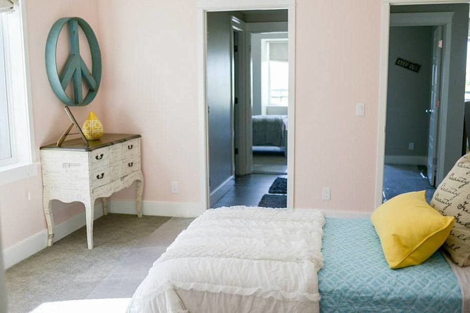 Modelo de habitación de invitados tradicional renovada de tamaño medio sin chimenea con paredes rosas y moqueta
