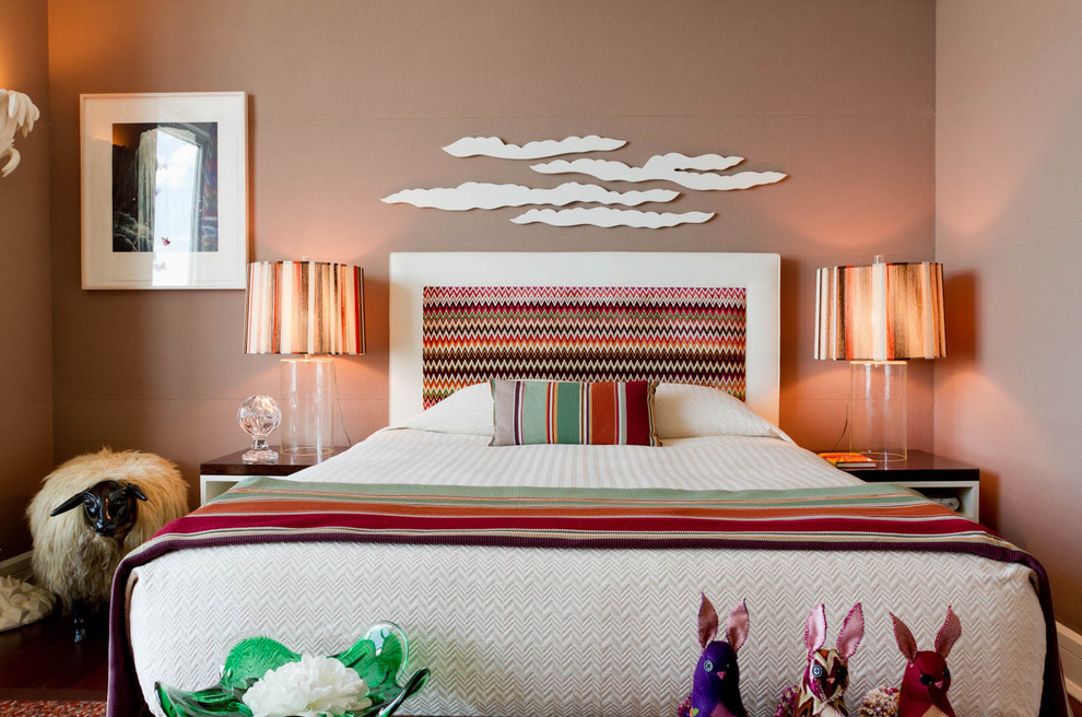 Trendy bedroom photo in New York with brown walls