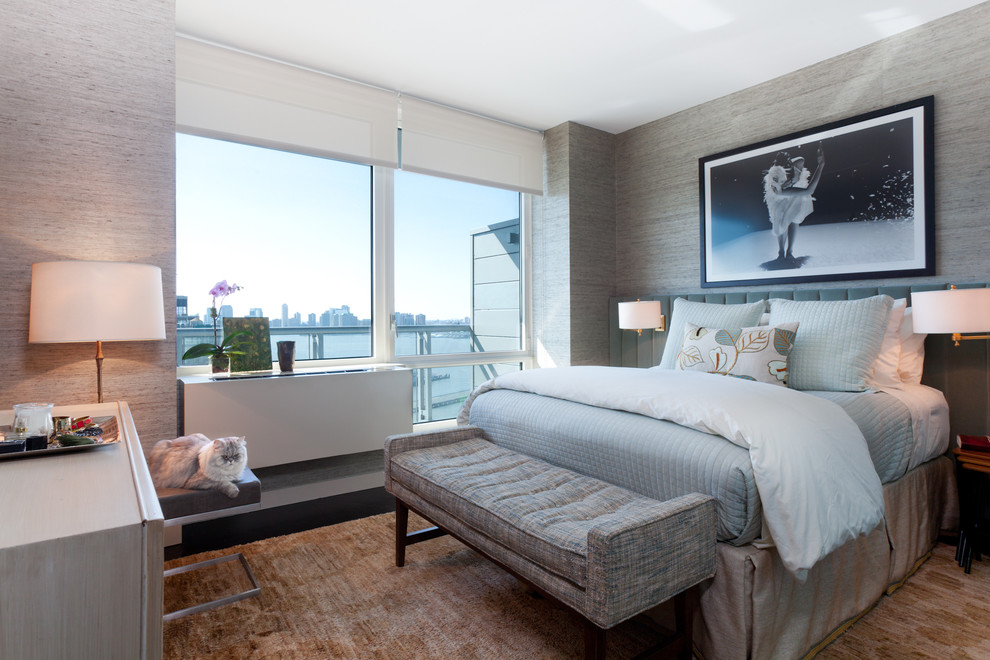 Bedroom - large contemporary master dark wood floor and brown floor bedroom idea in New York with gray walls and no fireplace