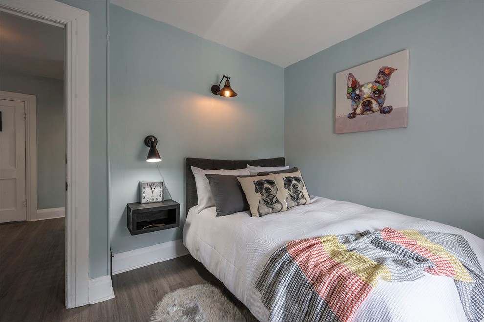Ispirazione per una piccola camera degli ospiti classica con pareti blu, pavimento in vinile e pavimento grigio