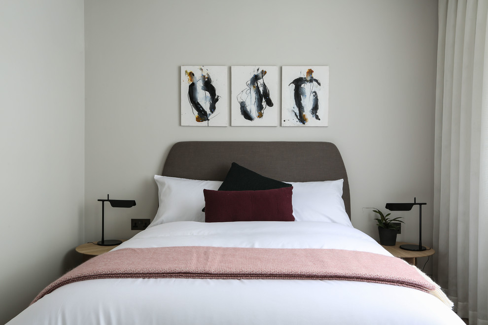 Imagen de habitación de invitados actual de tamaño medio sin chimenea con paredes blancas y suelo de madera clara