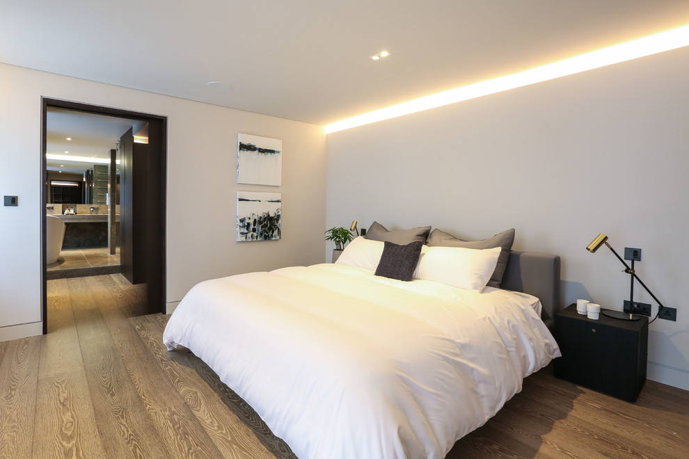 Modelo de dormitorio principal actual de tamaño medio sin chimenea con paredes blancas y suelo de madera clara
