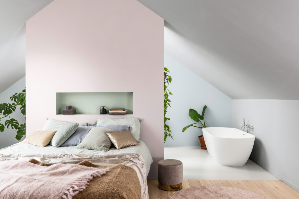 Modern grey and pink bedroom in Other.