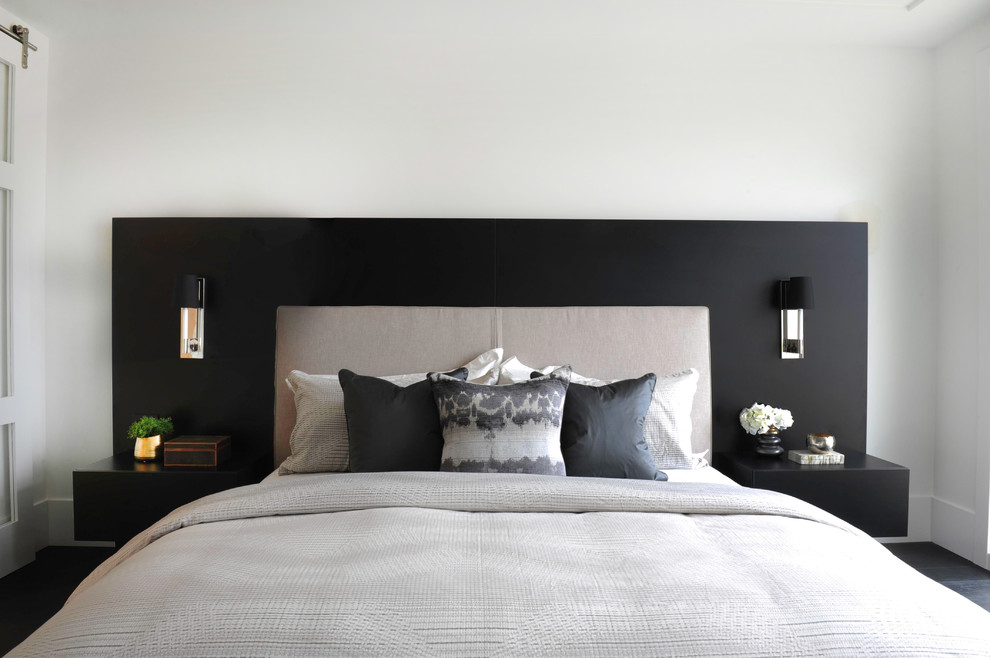 Bedroom - contemporary master dark wood floor bedroom idea in Vancouver with white walls and no fireplace