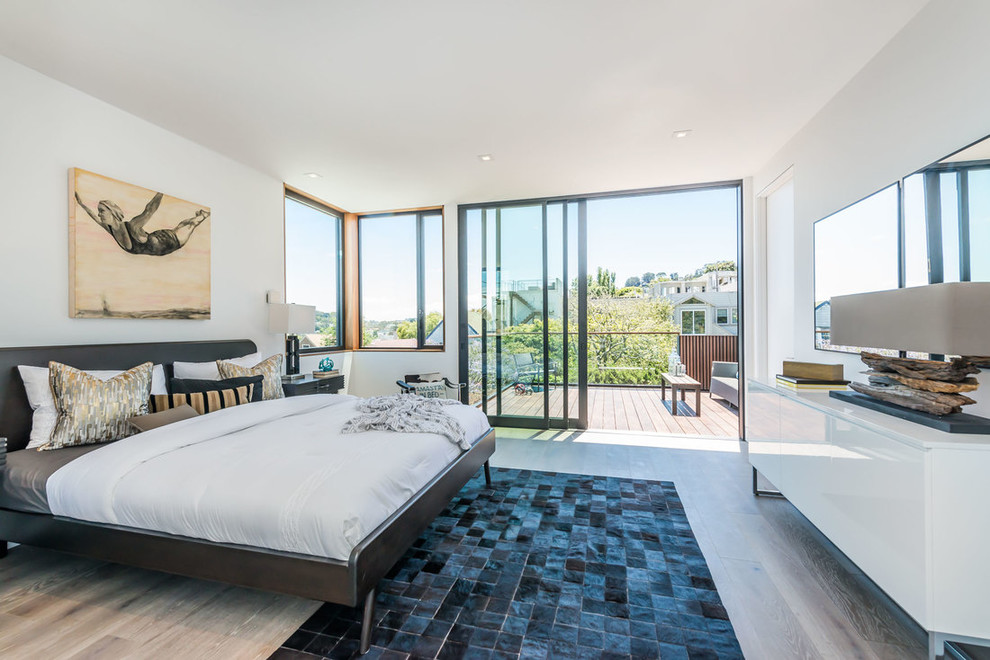 Mittelgroßes Modernes Hauptschlafzimmer mit weißer Wandfarbe, hellem Holzboden und braunem Boden in San Francisco