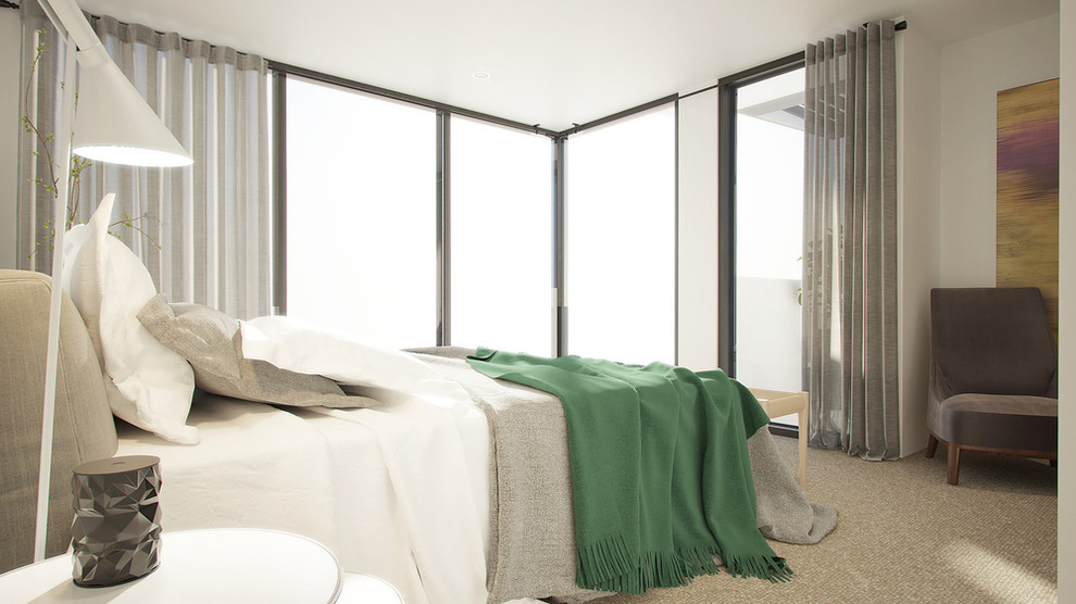 Imagen de habitación de invitados contemporánea de tamaño medio sin chimenea con moqueta
