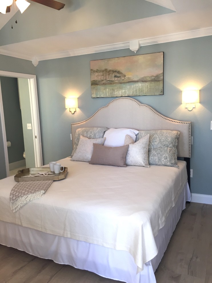 マイアミにある中くらいなビーチスタイルのおしゃれな主寝室 (青い壁、淡色無垢フローリング) のインテリア