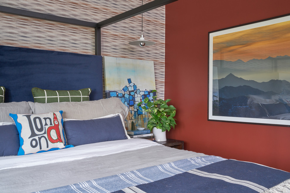 Inspiration for a bedroom remodel in Los Angeles with red walls