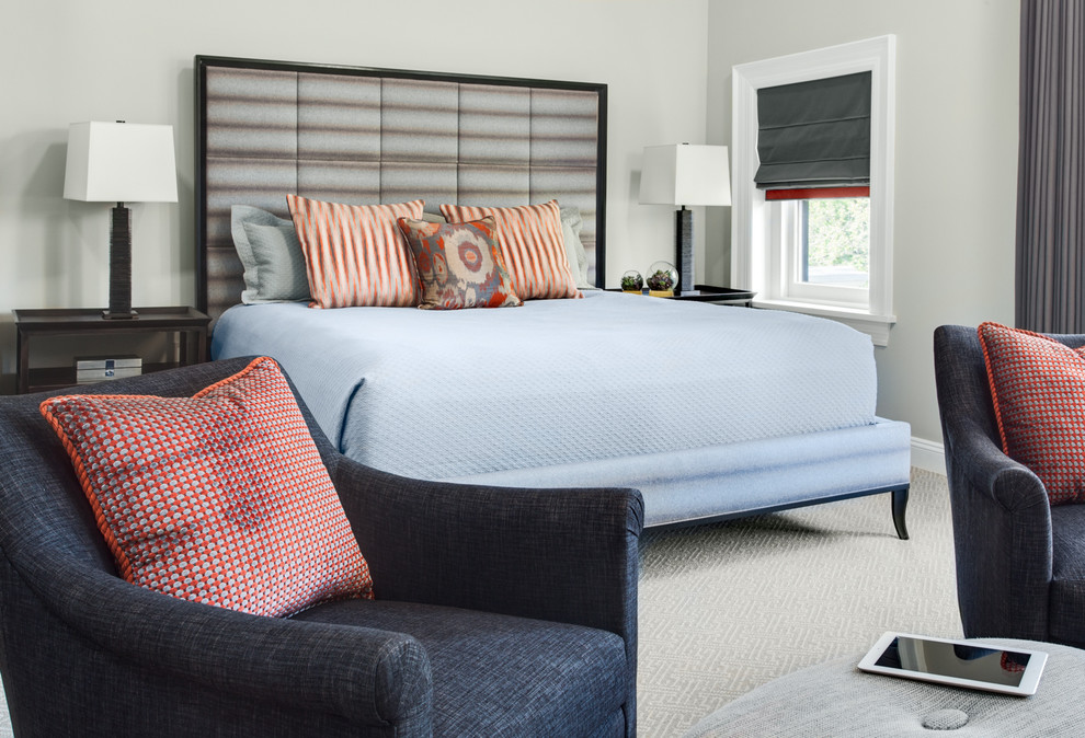 Inspiration for a mid-sized transitional master carpeted and gray floor bedroom remodel in DC Metro with gray walls