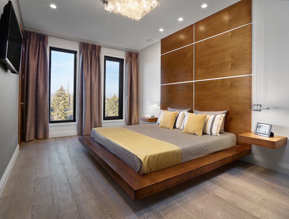 Design ideas for a large contemporary master bedroom in Edmonton with grey walls and light hardwood flooring.
