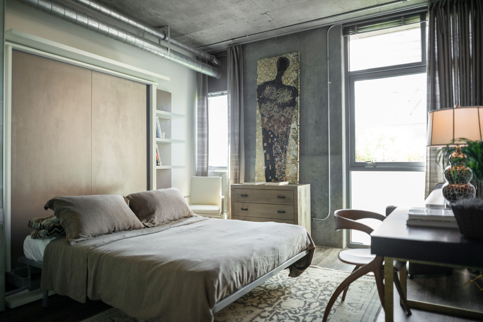 Bedroom - large industrial guest light wood floor bedroom idea in Los Angeles with gray walls and no fireplace