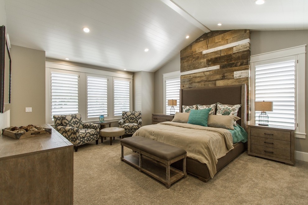 Large farmhouse master carpeted bedroom photo in Salt Lake City with multicolored walls