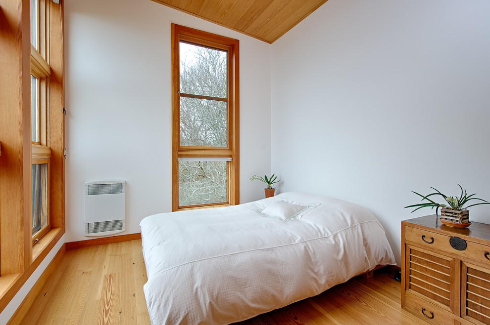 Cette photo montre une petite chambre parentale tendance avec un mur blanc, parquet clair, aucune cheminée et un sol marron.