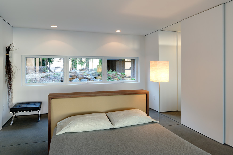Imagen de dormitorio contemporáneo de tamaño medio sin chimenea con paredes beige y suelo de cemento