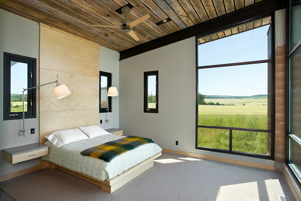 Свежая идея для дизайна: хозяйская спальня в современном стиле с серыми стенами и бетонным полом - отличное фото интерьера