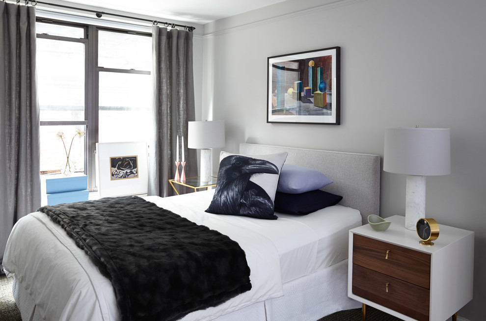 Пример оригинального дизайна: спальня в современном стиле с серыми стенами