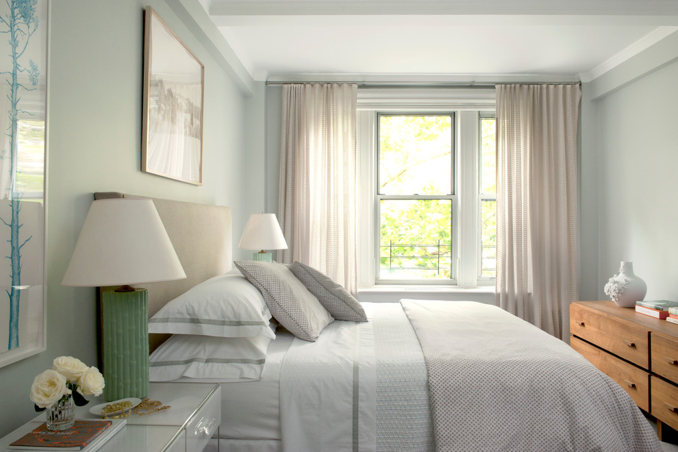 Example of a transitional master bedroom design in New York with gray walls and no fireplace