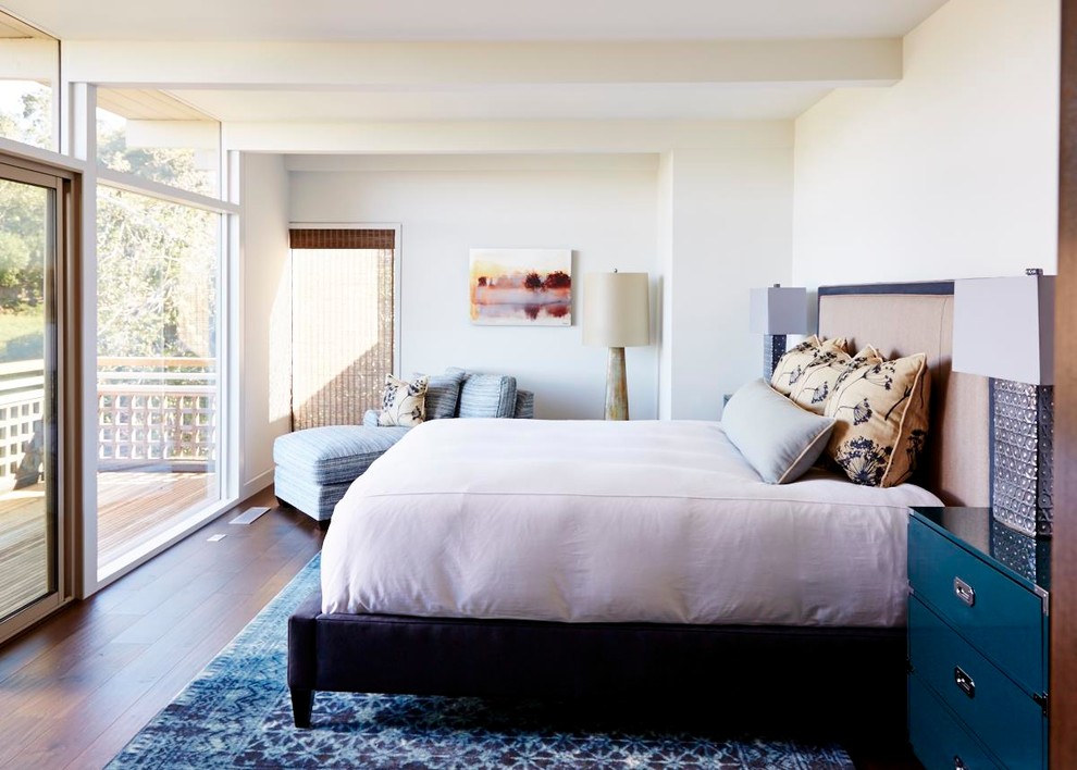 Design ideas for a medium sized midcentury master bedroom in San Francisco with white walls, medium hardwood flooring and no fireplace.