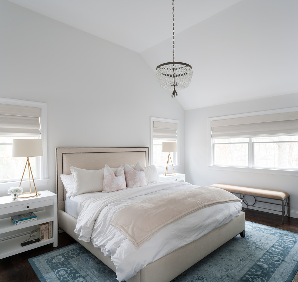 Imagen de dormitorio principal marinero de tamaño medio con paredes azules y suelo de madera oscura