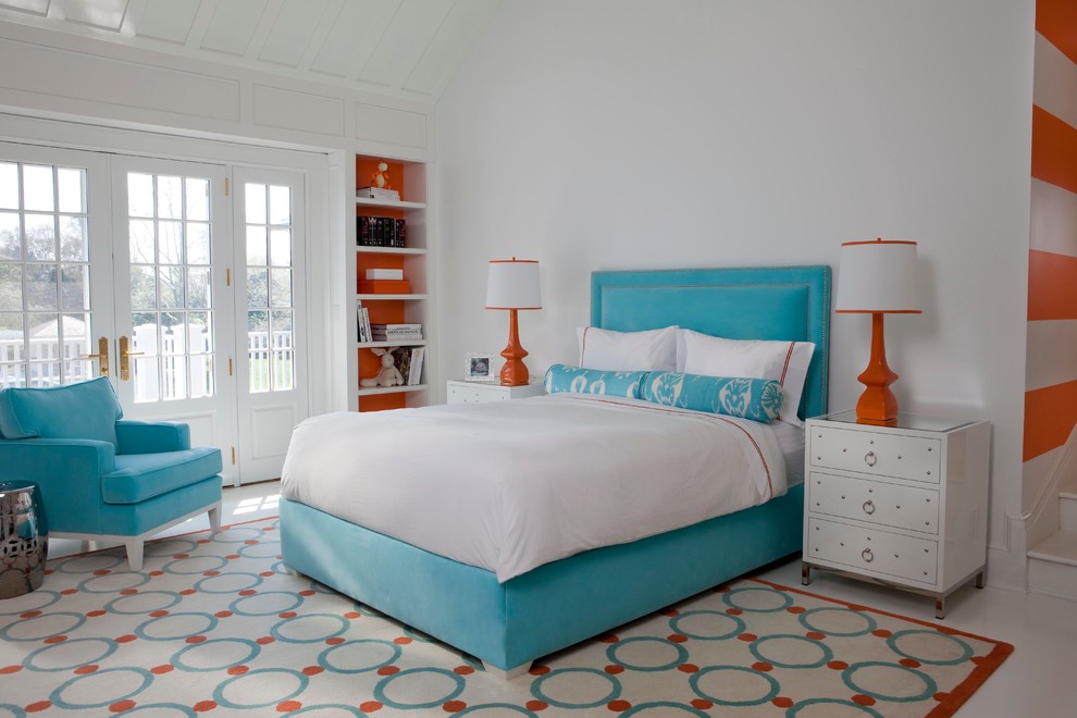 Large trendy white floor bedroom photo in Atlanta with white walls and no fireplace