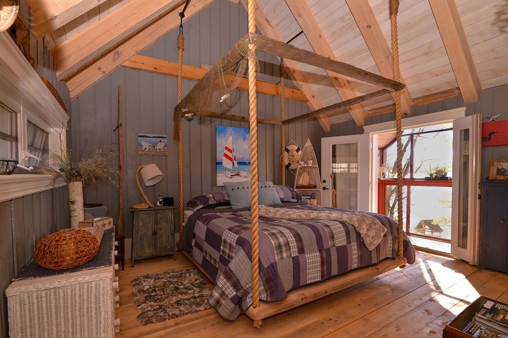 Design ideas for a rustic guest bedroom in Toronto with blue walls and light hardwood flooring.