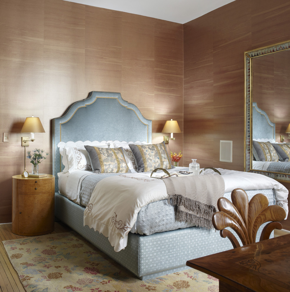 Inspiration for a timeless bedroom remodel in Chicago with brown walls