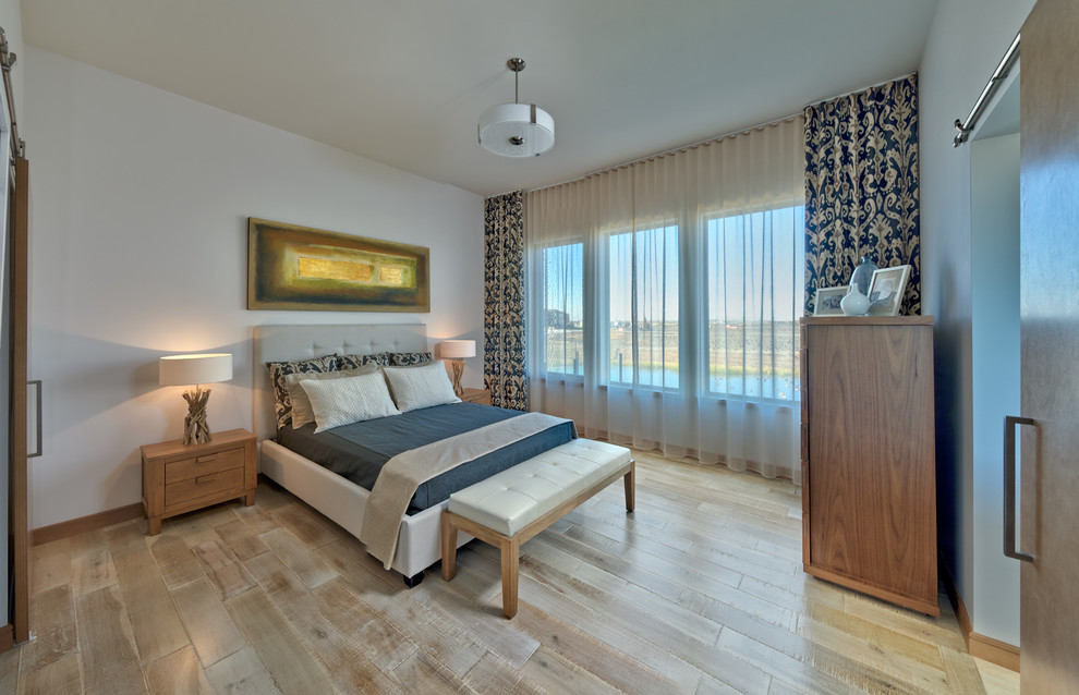 Mittelgroßes Modernes Hauptschlafzimmer mit beiger Wandfarbe und hellem Holzboden in Sonstige