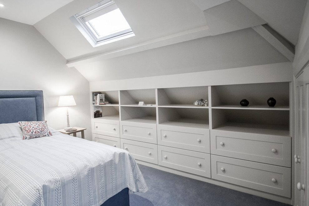 Modelo de habitación de invitados tradicional de tamaño medio sin chimenea con paredes beige, moqueta y suelo azul
