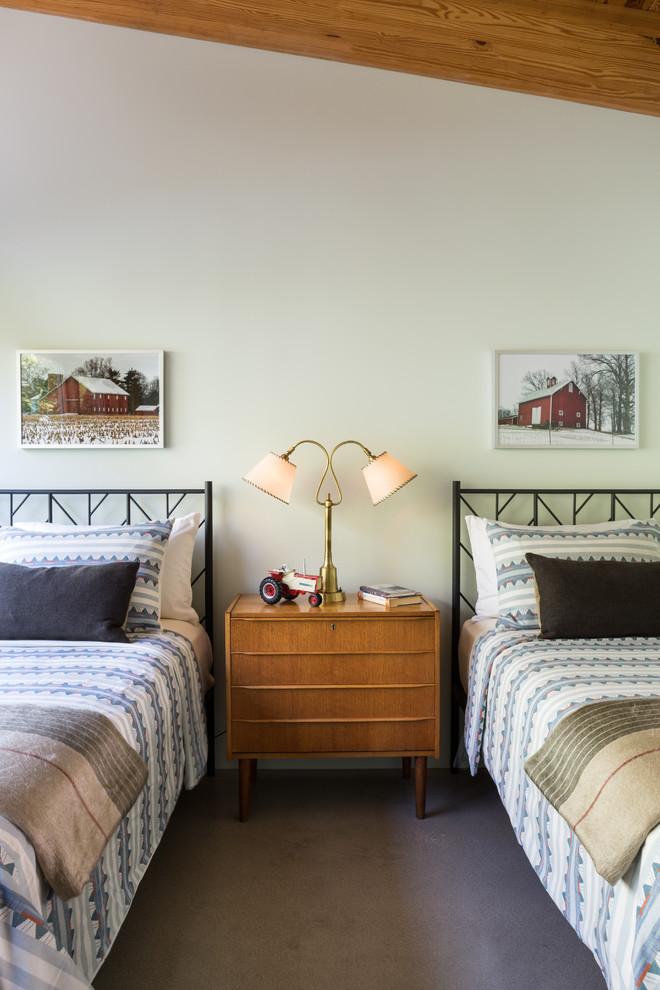 Свежая идея для дизайна: гостевая спальня среднего размера, (комната для гостей) в современном стиле с бетонным полом, коричневыми стенами и коричневым полом без камина - отличное фото интерьера