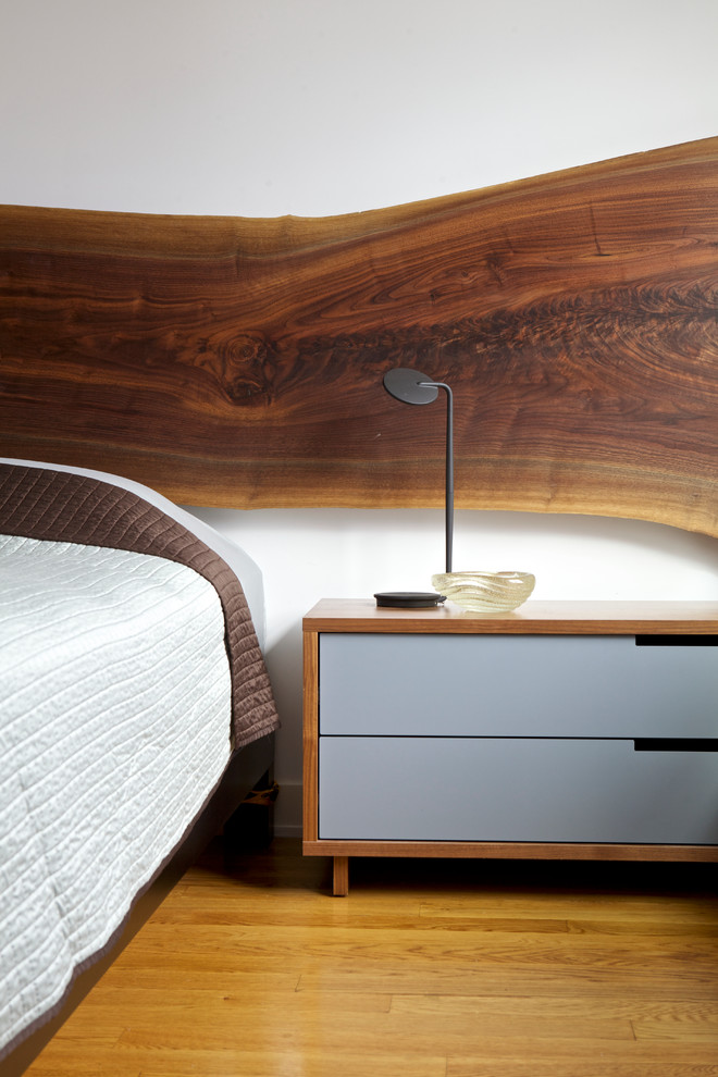 Photo of a small contemporary master bedroom in New York with white walls, light hardwood flooring and no fireplace.