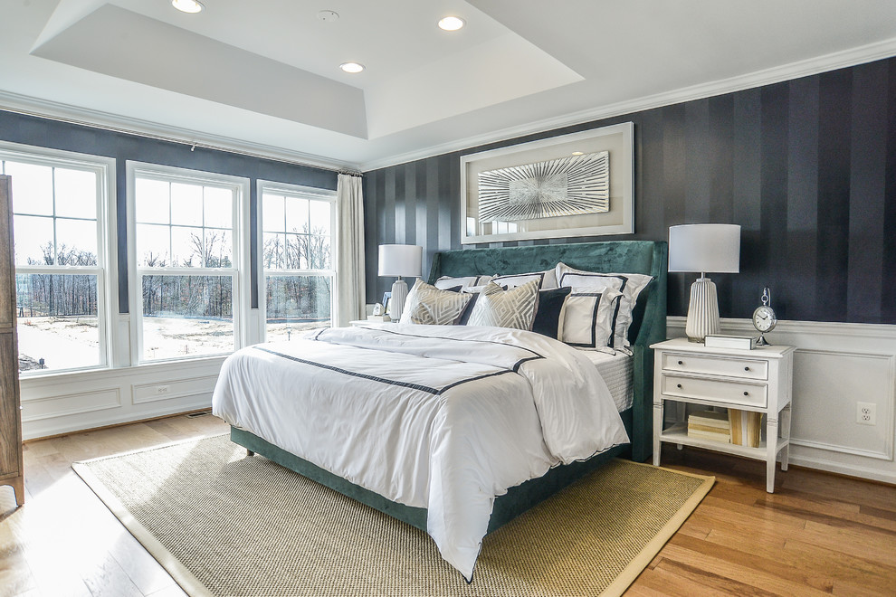 Design ideas for a medium sized traditional guest bedroom in DC Metro with black walls, light hardwood flooring, no fireplace and brown floors.