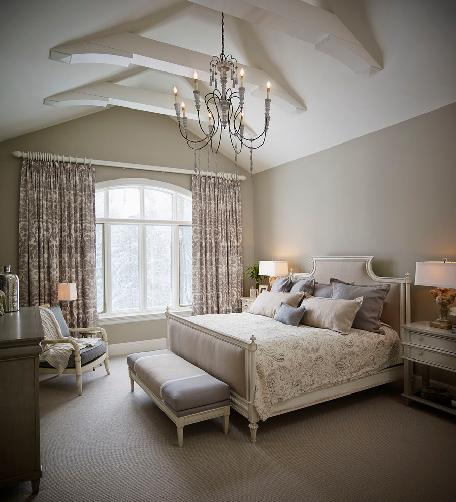 Bedroom - large traditional master carpeted bedroom idea in Toronto with gray walls