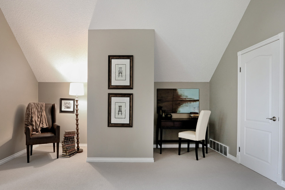 Design ideas for a large eclectic master bedroom in Calgary with grey walls, carpet, no fireplace and grey floors.