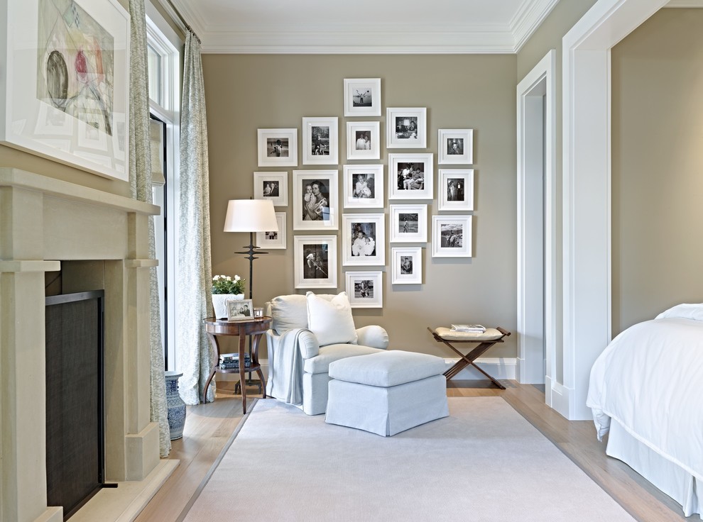 Bedroom - transitional light wood floor bedroom idea in Phoenix with gray walls and a standard fireplace