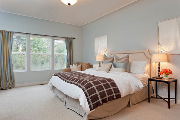 他の地域にある中くらいなトランジショナルスタイルのおしゃれな主寝室 (青い壁、カーペット敷き) のレイアウト