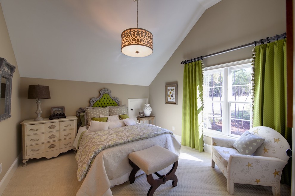 Bedroom - traditional carpeted bedroom idea in Charlotte with beige walls