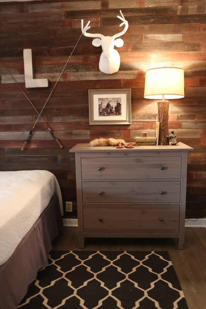 Inspiration for a small rustic guest dark wood floor bedroom remodel in Minneapolis with gray walls