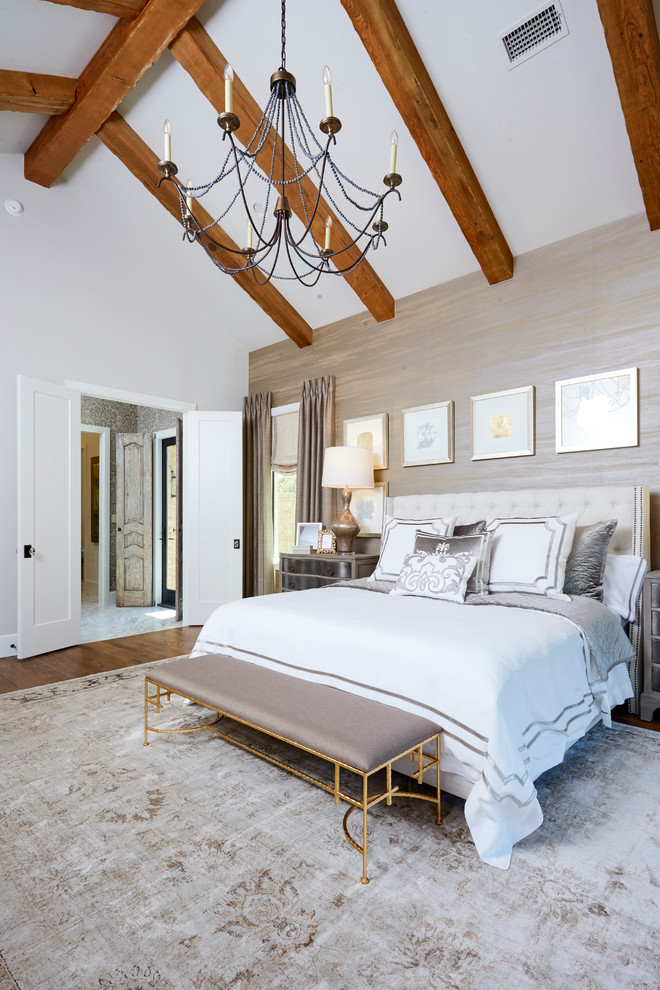 This is an example of a medium sized eclectic master and grey and brown bedroom in Dallas with brown walls, dark hardwood flooring and no fireplace.