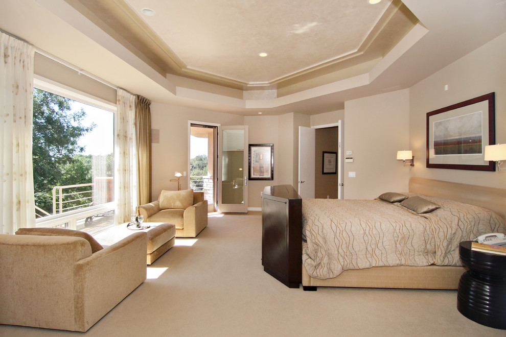 Exemple d'une chambre avec moquette chic avec un mur beige.