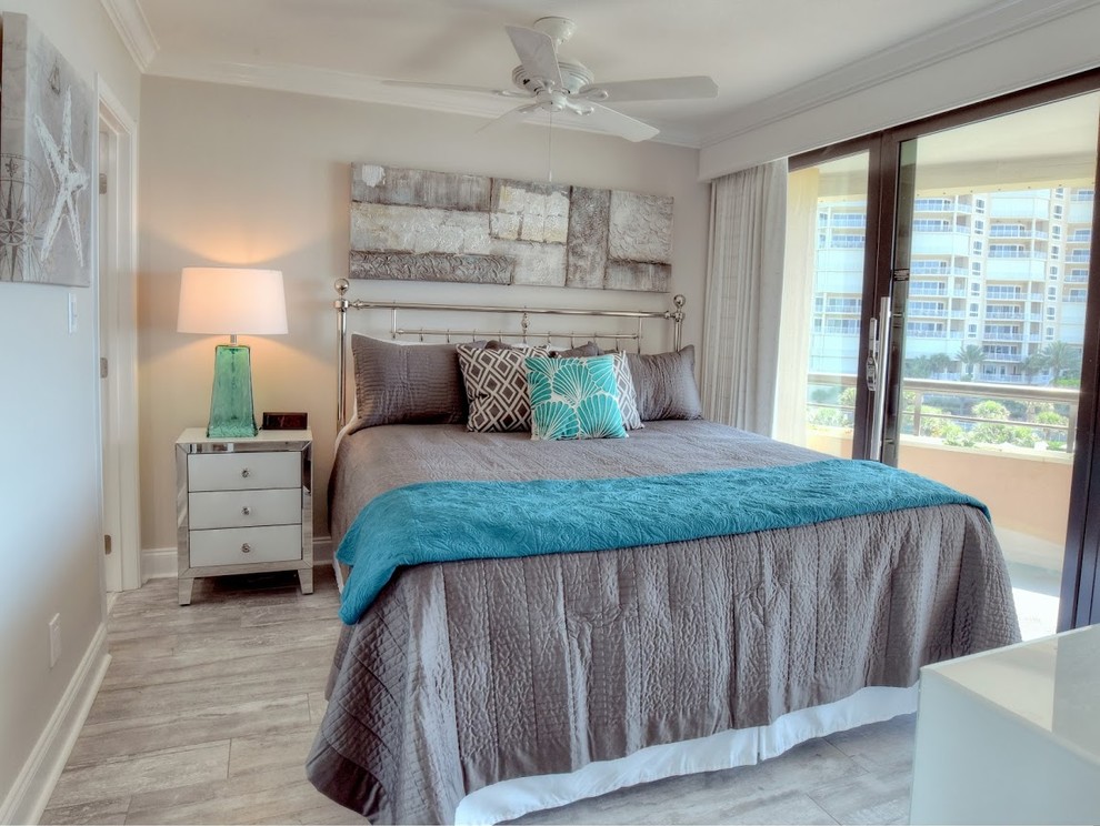 Design ideas for a small nautical master bedroom in Miami with beige walls, porcelain flooring and no fireplace.