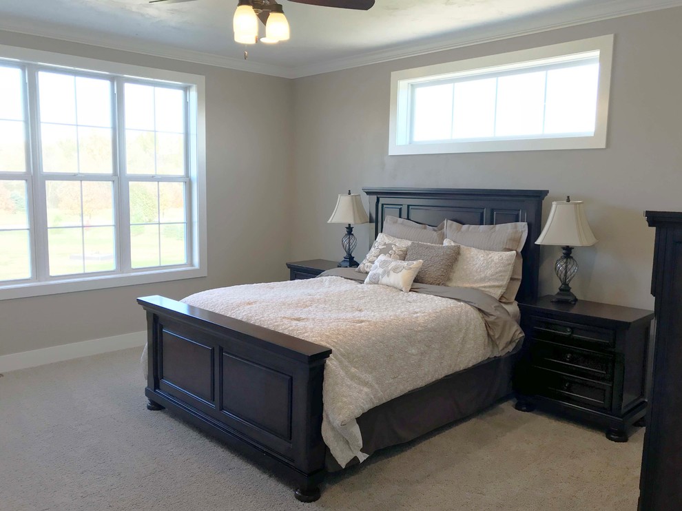 Design ideas for a medium sized traditional master bedroom in Other with beige walls, carpet, no fireplace and white floors.