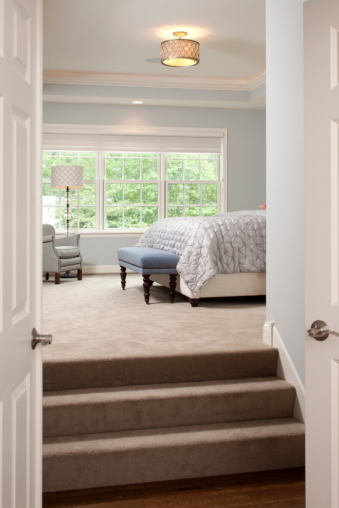 Источник вдохновения для домашнего уюта: большая хозяйская спальня в стиле модернизм с ковровым покрытием и серыми стенами