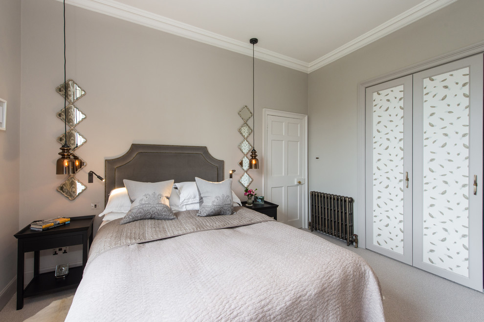 Photo of a classic grey and pink bedroom in Other.