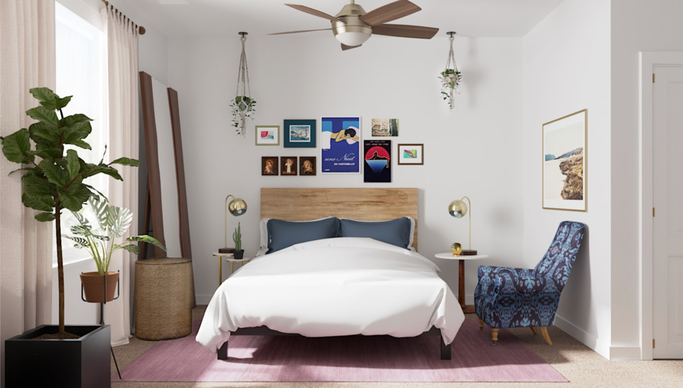 На фото: гостевая спальня среднего размера, (комната для гостей) в стиле фьюжн с белыми стенами, ковровым покрытием и коричневым полом без камина