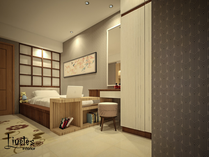 This is an example of a traditional bedroom in Other with white walls and ceramic flooring.