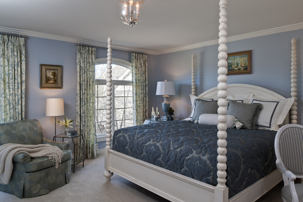 Elegant carpeted and gray floor bedroom photo in Detroit with blue walls and no fireplace