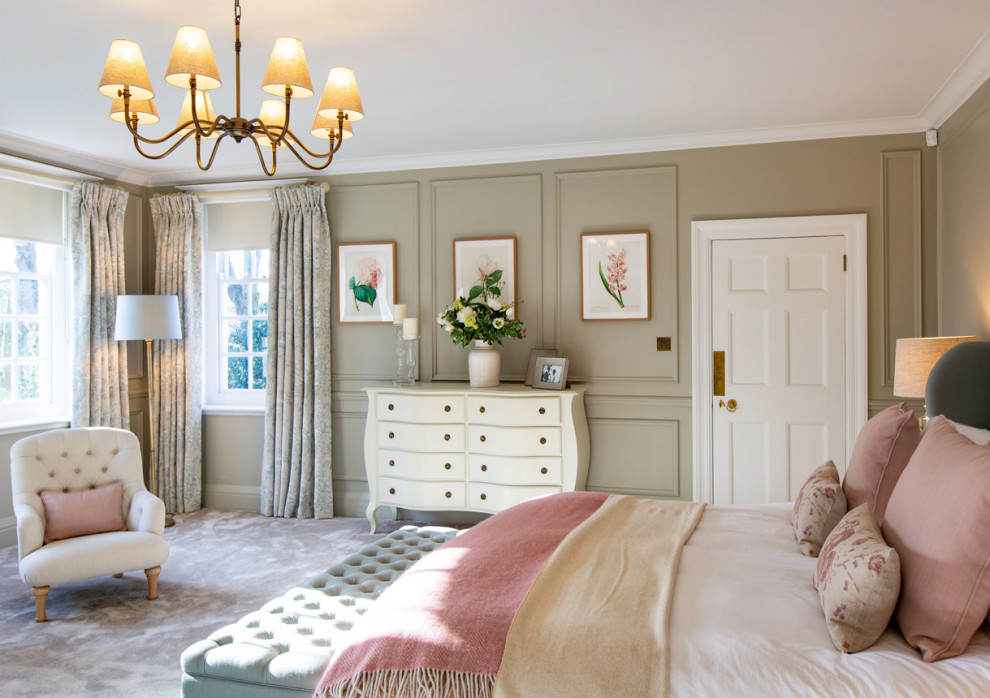 Inspiration for a large classic master bedroom in Surrey with grey walls, carpet, grey floors and panelled walls.
